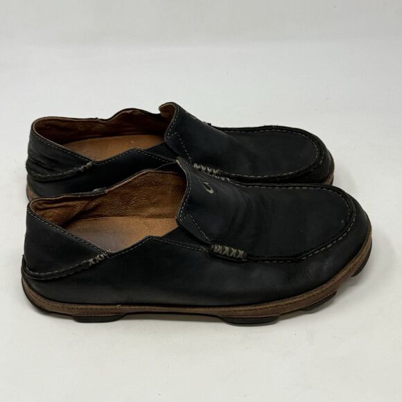 OluKai Moloa Shoes Mens 8 Black Leather Slip On Moc Toe Casual Loafers - Picture 3 of 16